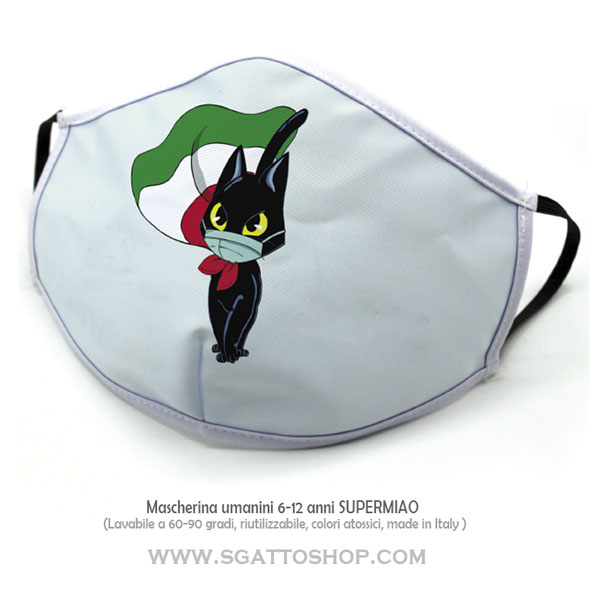 Mascherina per bambini 6-12 anni gattino nero con mascherina indossata e bandiera come mantello lavabile fino a 90 gradi e riutilizzabile sempre